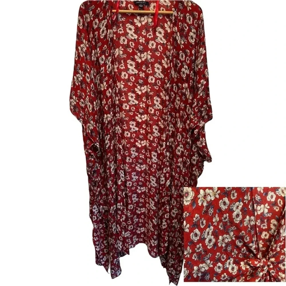 American Eagle Red Floral Kimono Lightweight Viscose Cover Up Size O/S